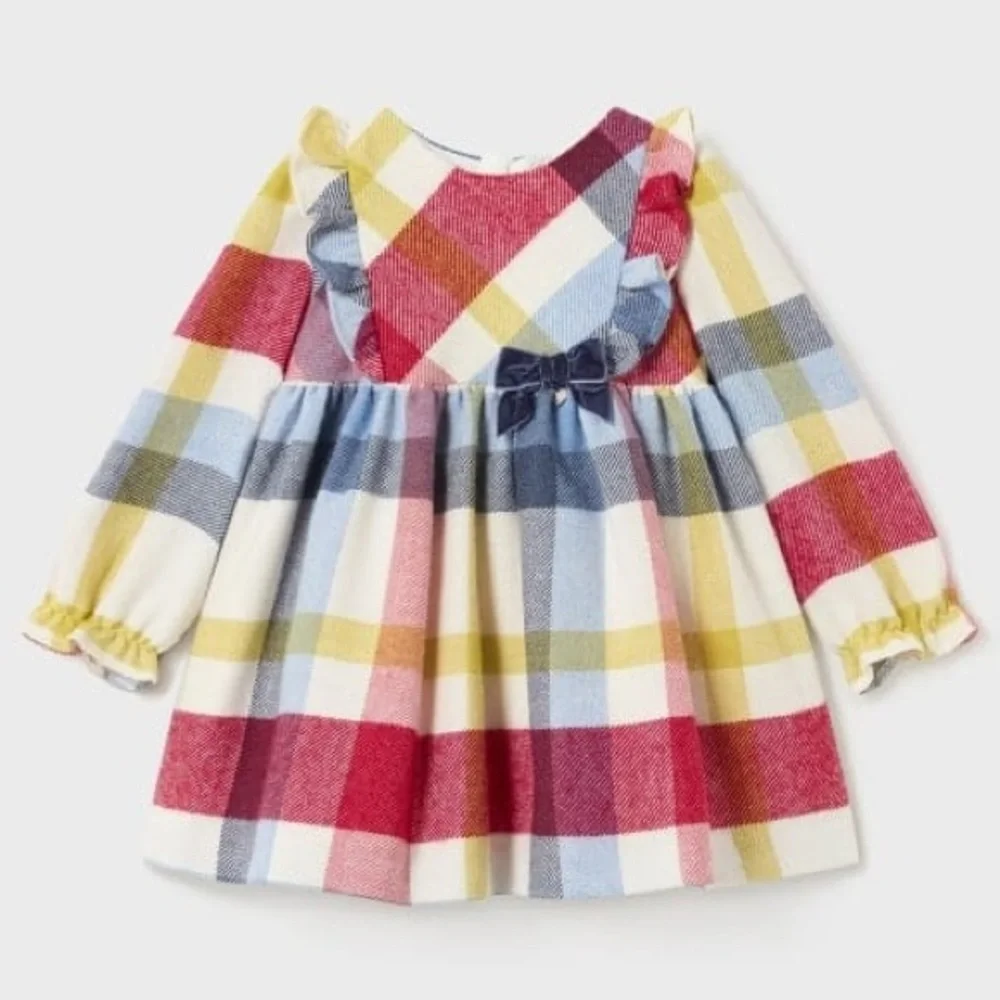 Mayoral Baby Girls Plaid Wool Blend Bow Detail Holiday Occasion Dress 9 months